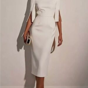 Chic 3/4 Pearl Beaded Sleeve Uninterrupted White Stretchy Midi Dress